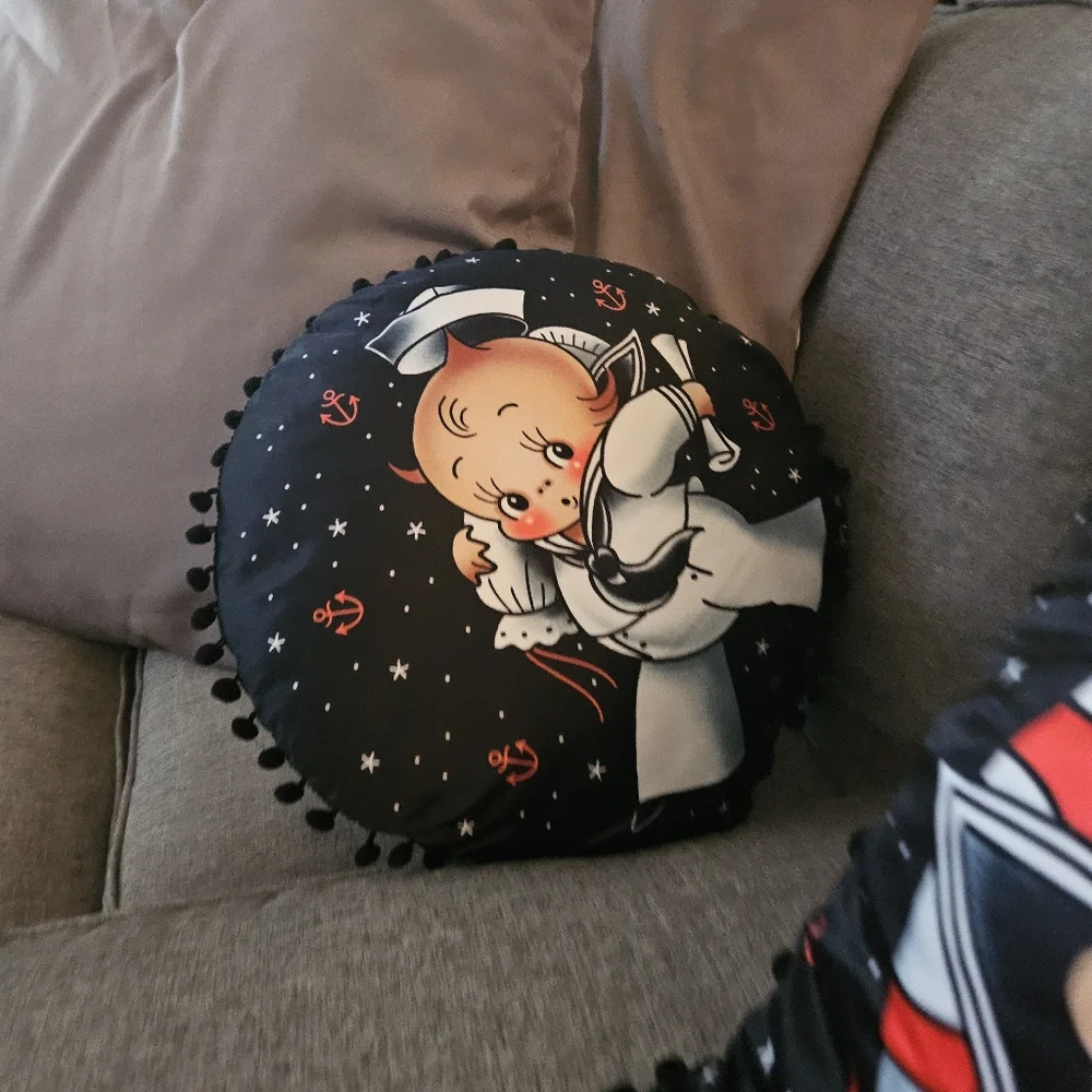 Sourpuss baby sailor, buoy boy, nautical navy pillow. Punk Kitsch Rockabilly